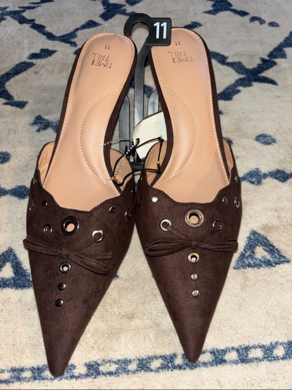 Time and Tru Dark Brown Pointed-Toe Slip-On Mules with Eyelet Detail NWT Size 11